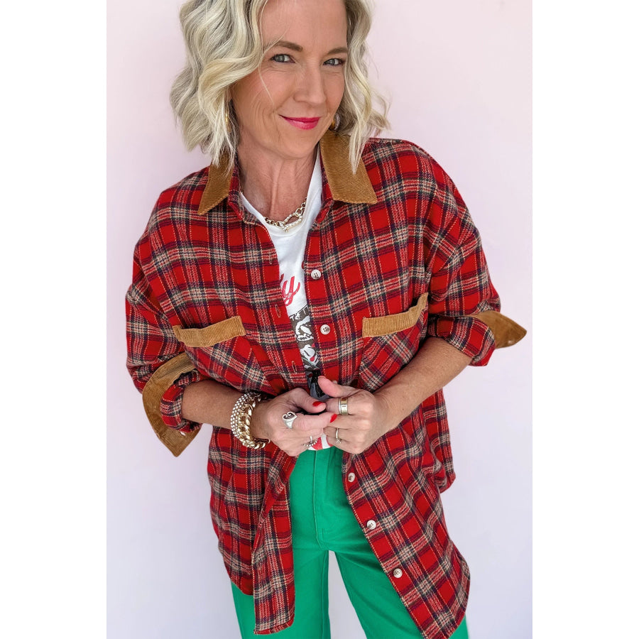 Red Casual Plaid Color Block Collared Button Shacket Outerwear/Plaid Shackets