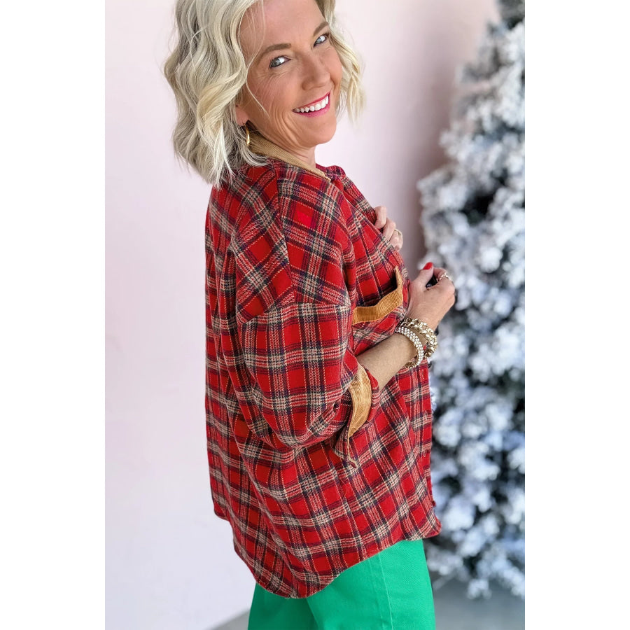 Red Casual Plaid Color Block Collared Button Shacket Outerwear/Plaid Shackets