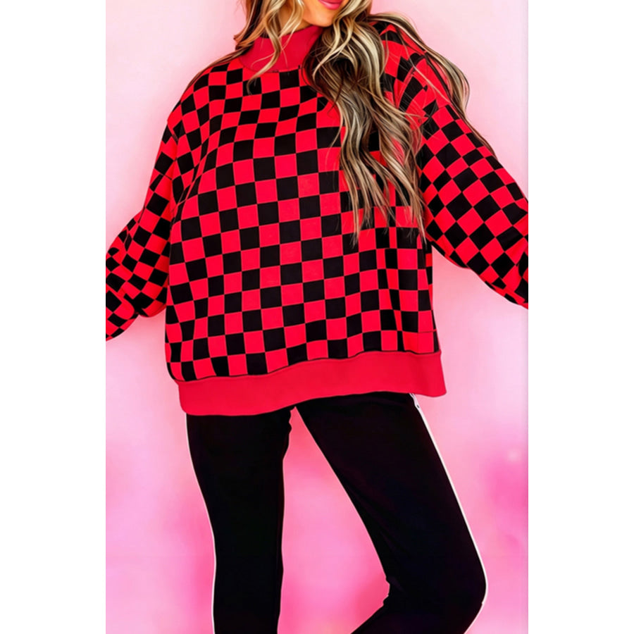 Red Checkered Print High Neck Baggy Sweatshirt / S Tops/Sweatshirts & Hoodies