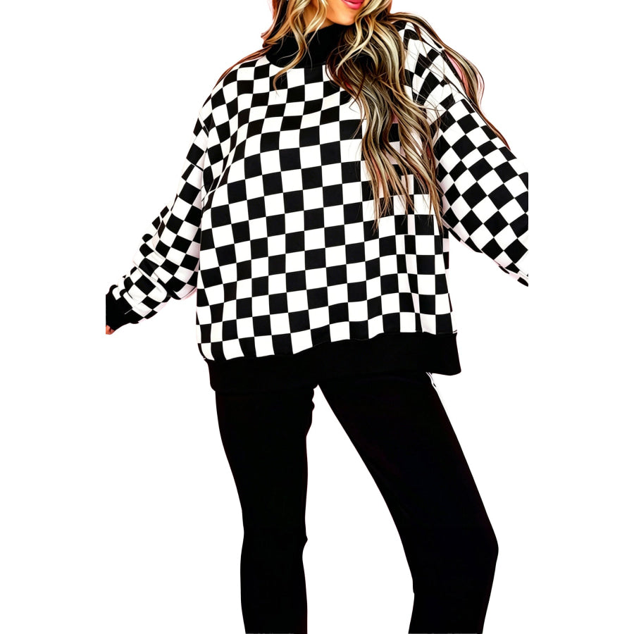 Red Checkered Print High Neck Baggy Sweatshirt Tops/Sweatshirts & Hoodies