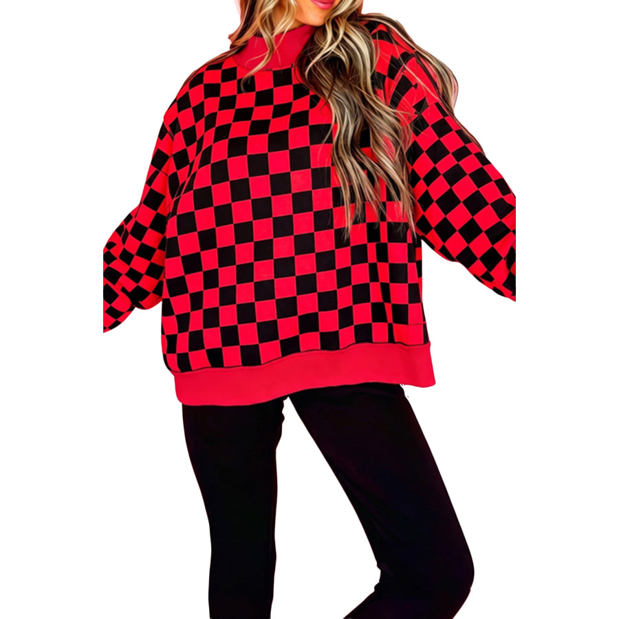 Red Checkered Print High Neck Baggy Sweatshirt Tops/Sweatshirts & Hoodies