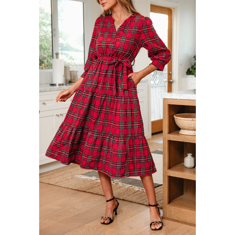 Red Christmas Plaid V Neck 3/4 Sleeve Tie Waist Ruffle Hem Long Dress Dresses/Maxi Dresses