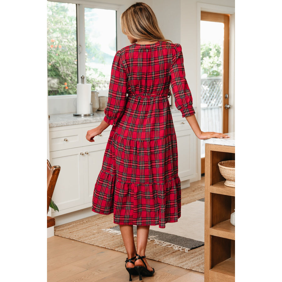 Red Christmas Plaid V Neck 3/4 Sleeve Tie Waist Ruffle Hem Long Dress Dresses/Maxi Dresses