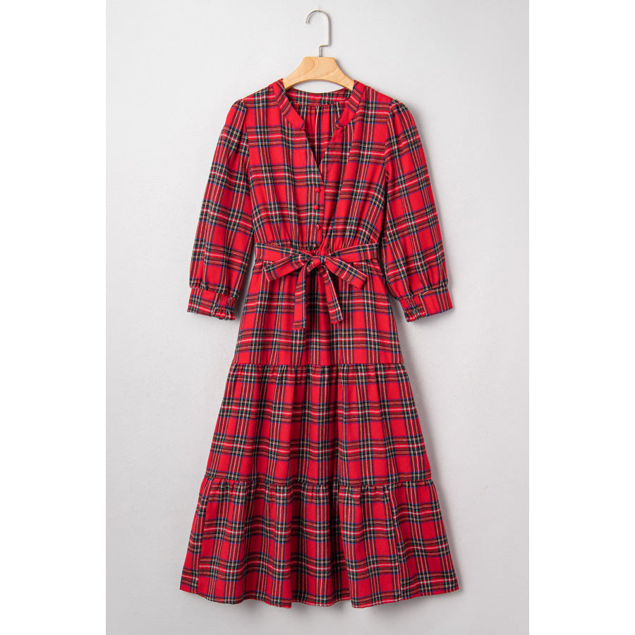 Red Christmas Plaid V Neck 3/4 Sleeve Tie Waist Ruffle Hem Long Dress Dresses/Maxi Dresses