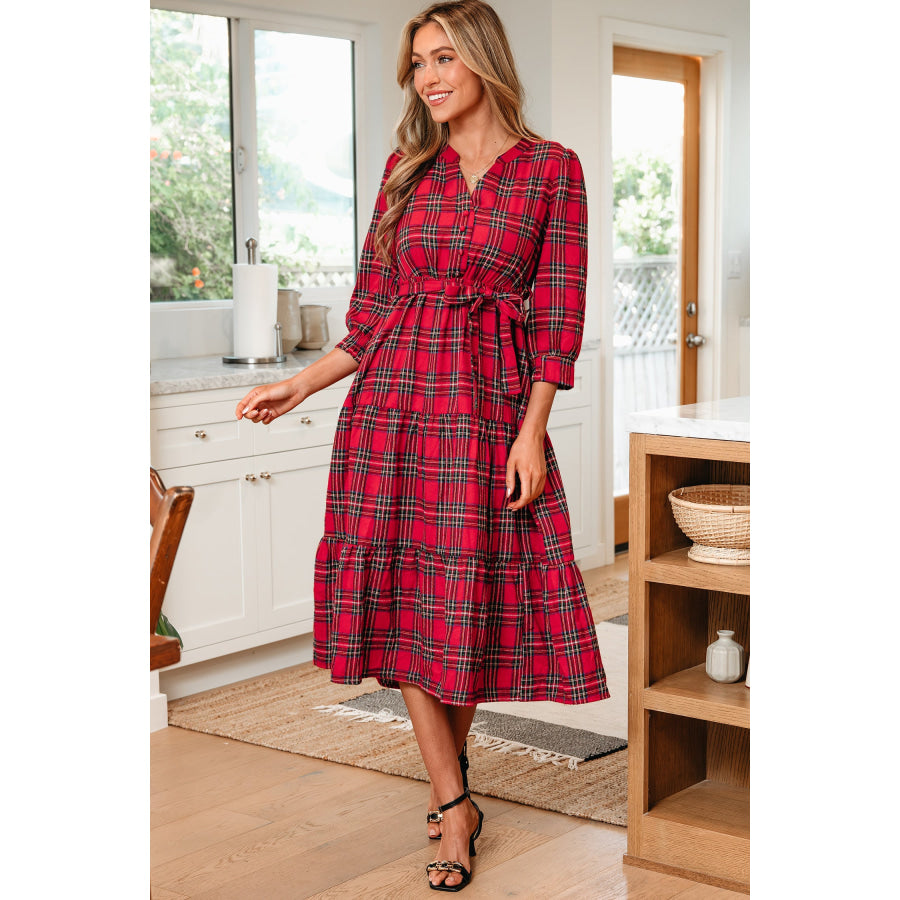 Red Christmas Plaid V Neck 3/4 Sleeve Tie Waist Ruffle Hem Long Dress Dresses/Maxi Dresses