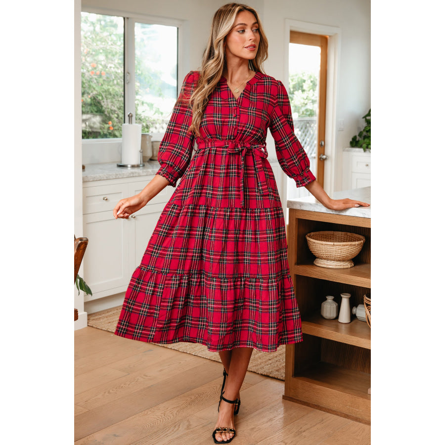 Red Christmas Plaid V Neck 3/4 Sleeve Tie Waist Ruffle Hem Long Dress Red / S / 59% Polyester + 41% Cotton Dresses/Maxi Dresses