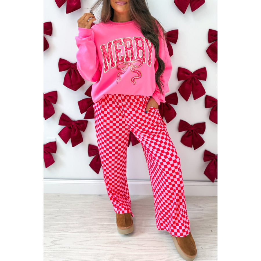 Red Christmas Slogan Graphic Plaid Contrast Two-piece Pant Set Two Piece Sets/Pant Sets