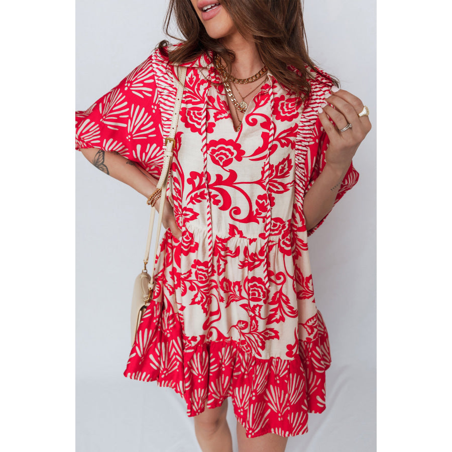 Red Collared V Neck Half Sleeve Loose Flower Mini Dress Dresses/Floral Dresses