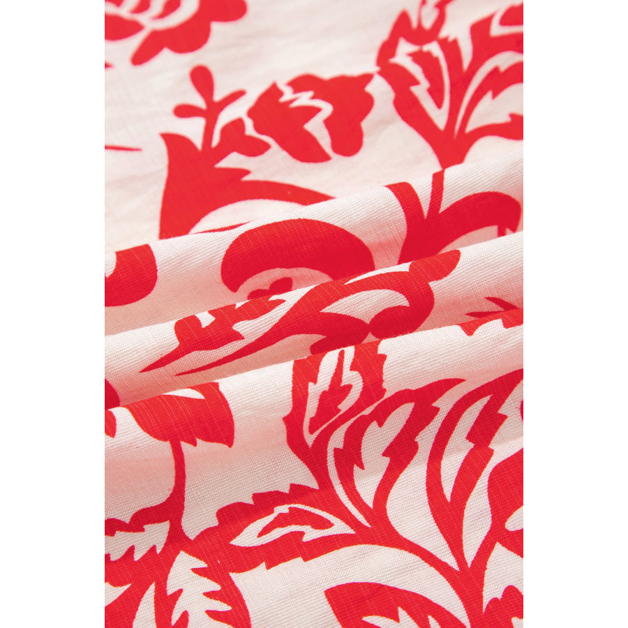 Red Collared V Neck Half Sleeve Loose Flower Mini Dress Dresses/Floral Dresses