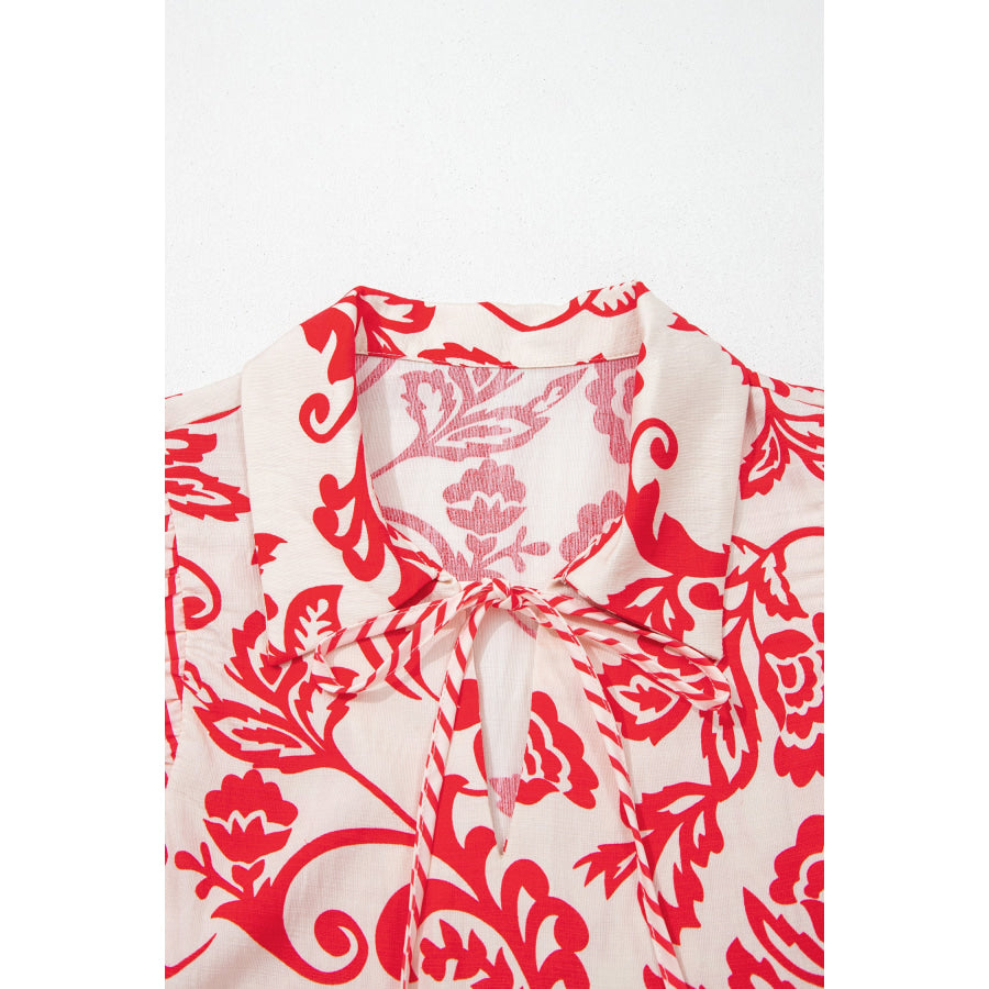 Red Collared V Neck Half Sleeve Loose Flower Mini Dress Dresses/Floral Dresses