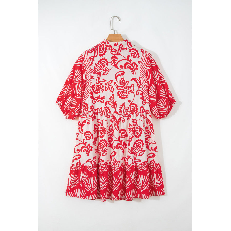 Red Collared V Neck Half Sleeve Loose Flower Mini Dress Dresses/Floral Dresses