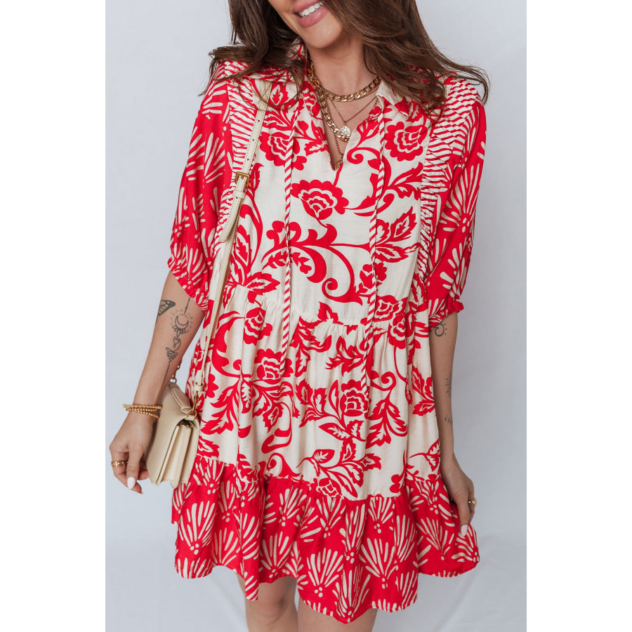 Red Collared V Neck Half Sleeve Loose Flower Mini Dress Dresses/Floral Dresses