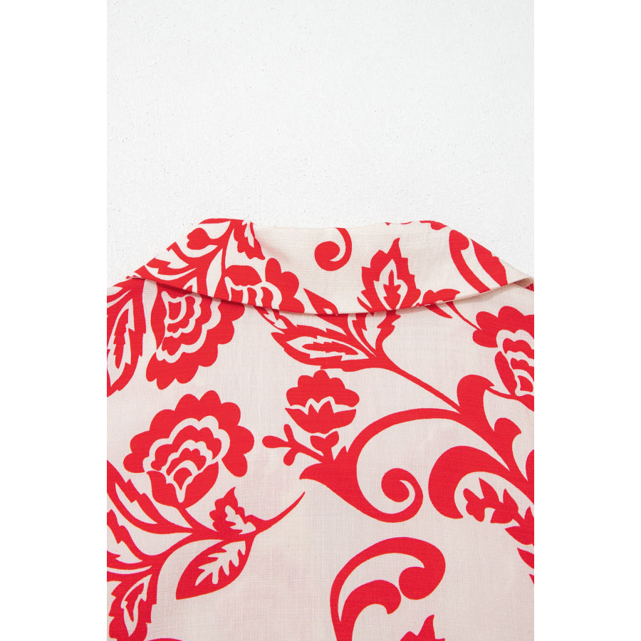 Red Collared V Neck Half Sleeve Loose Flower Mini Dress Dresses/Floral Dresses