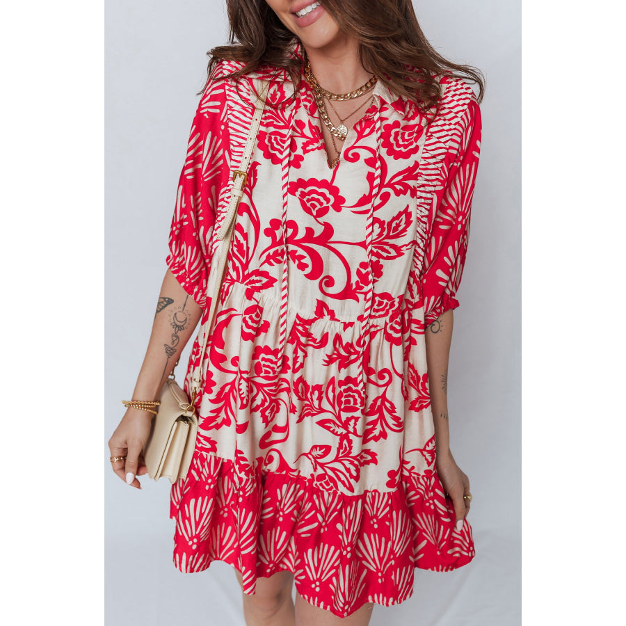 Red Collared V Neck Half Sleeve Loose Flower Mini Dress Dresses/Floral Dresses