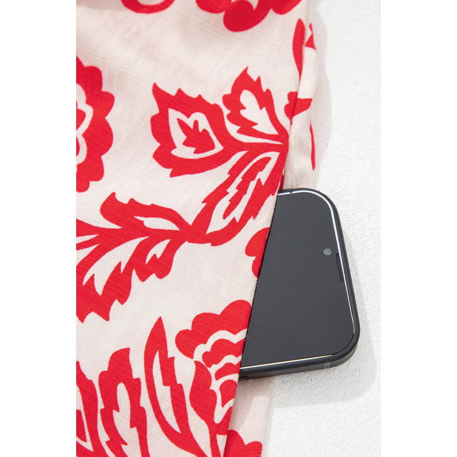 Red Collared V Neck Half Sleeve Loose Flower Mini Dress Dresses/Floral Dresses
