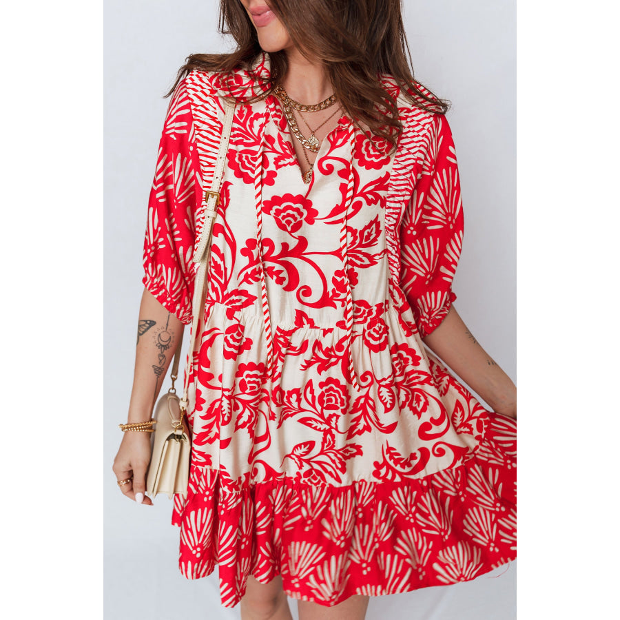 Red Collared V Neck Half Sleeve Loose Flower Mini Dress Dresses/Floral Dresses