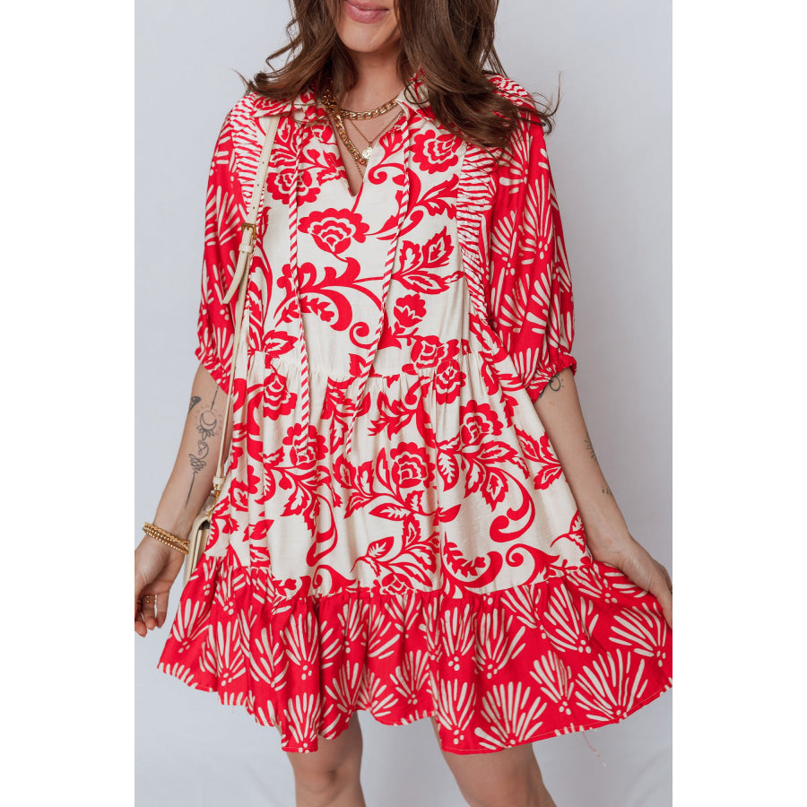 Red Collared V Neck Half Sleeve Loose Flower Mini Dress Dresses/Floral Dresses