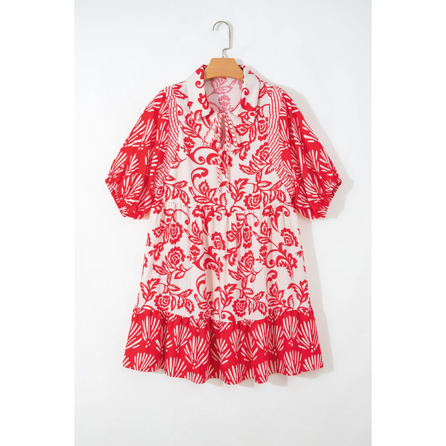 Red Collared V Neck Half Sleeve Loose Flower Mini Dress Dresses/Floral Dresses