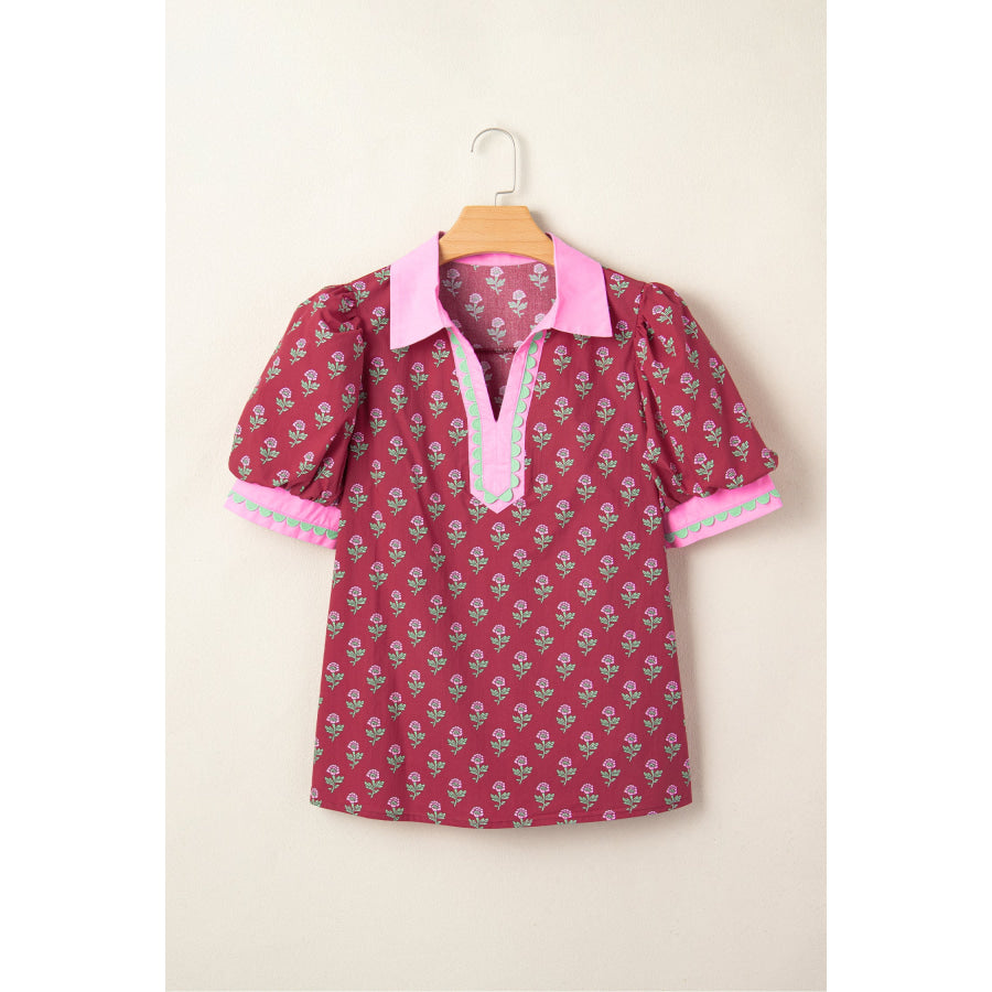 Red Contrast Collared V Neck Ricrac Trim Short Puff Sleeve Flower Blouse Tops/Blouses & Shirts