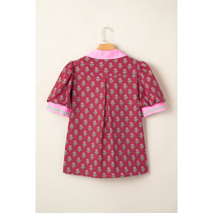 Red Contrast Collared V Neck Ricrac Trim Short Puff Sleeve Flower Blouse Tops/Blouses & Shirts