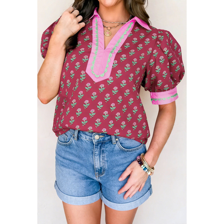 Red Contrast Collared V Neck Ricrac Trim Short Puff Sleeve Flower Blouse Tops/Blouses & Shirts