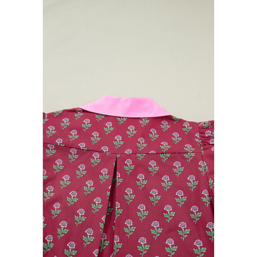 Red Contrast Collared V Neck Ricrac Trim Short Puff Sleeve Flower Blouse Tops/Blouses & Shirts