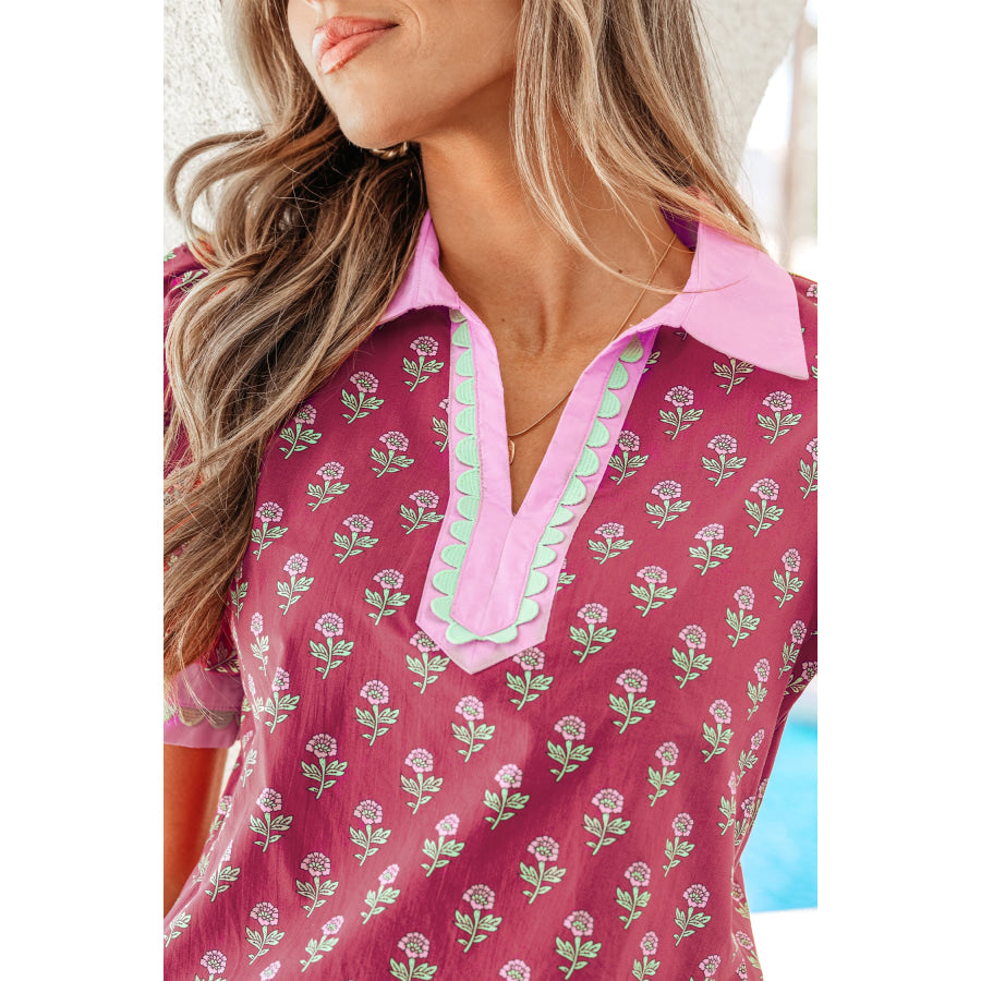 Red Contrast Collared V Neck Ricrac Trim Short Puff Sleeve Flower Blouse Tops/Blouses & Shirts