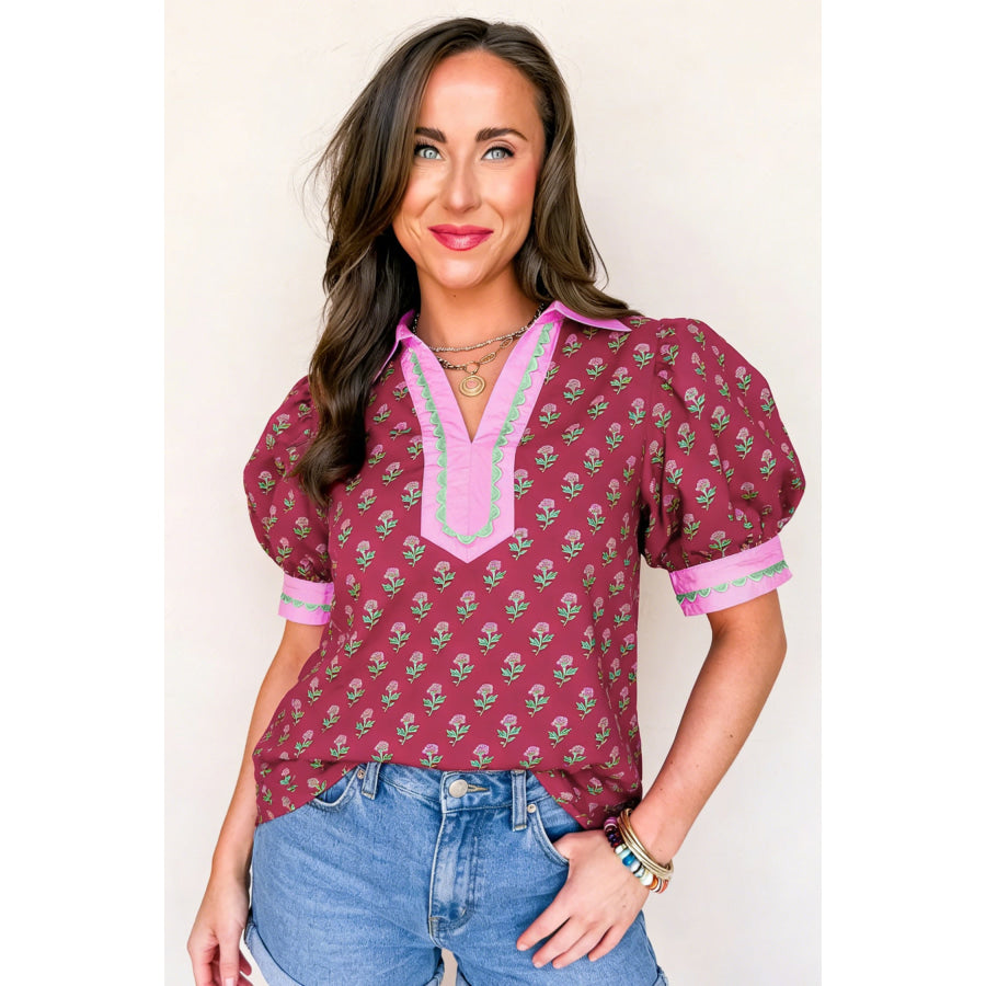 Red Contrast Collared V Neck Ricrac Trim Short Puff Sleeve Flower Blouse Tops/Blouses & Shirts