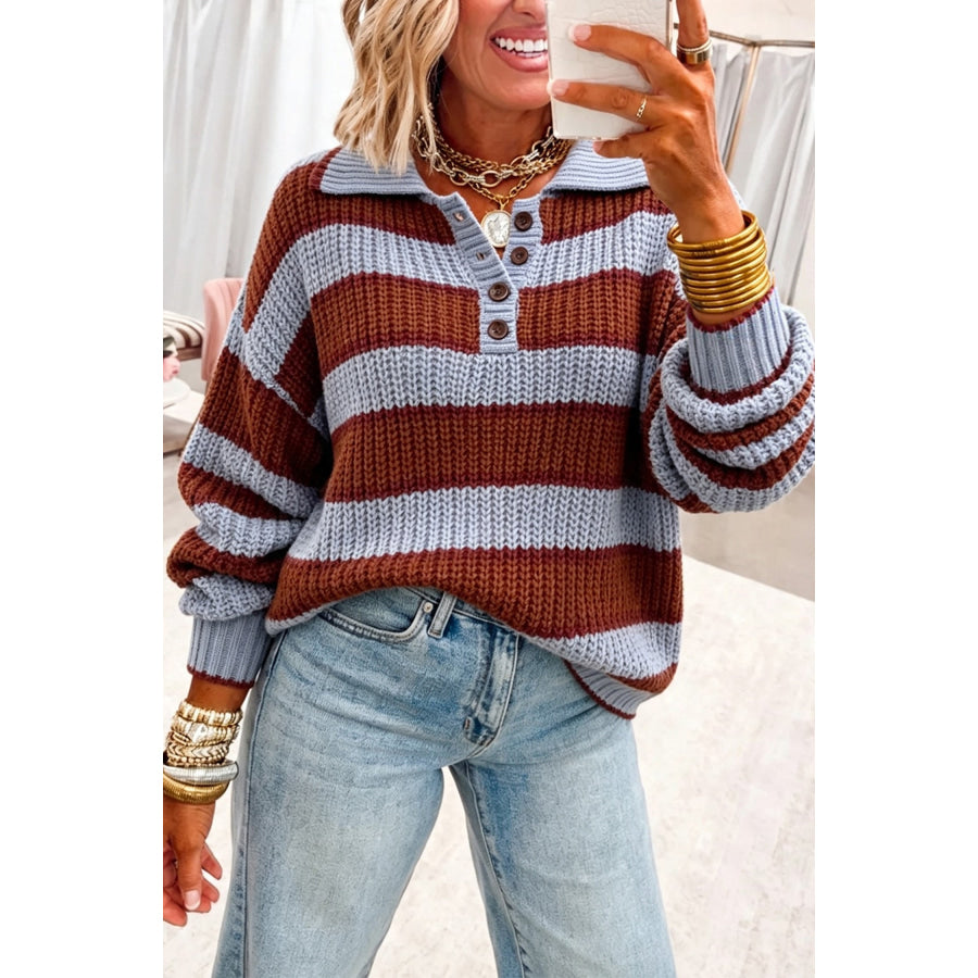 Red Dahlia Button Collar Dropped Shoulder Relaxed Pullover Sweater / S Sweaters & Cardigans/Sweaters