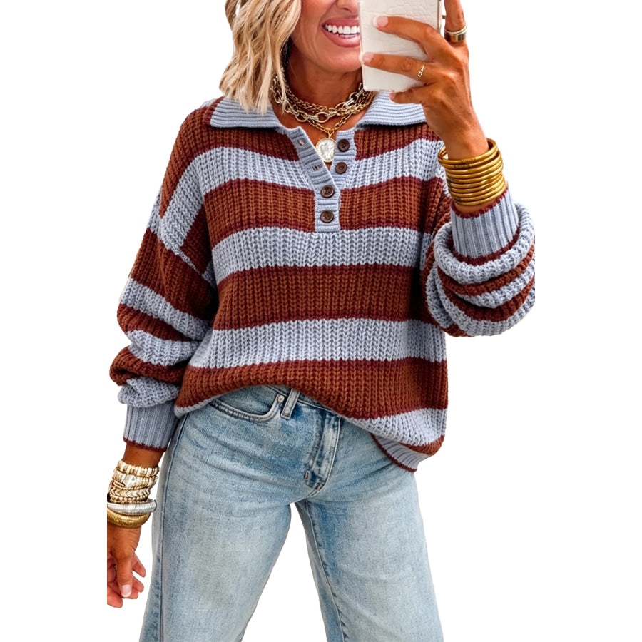 Red Dahlia Button Collar Dropped Shoulder Relaxed Pullover Sweater Sweaters & Cardigans/Sweaters