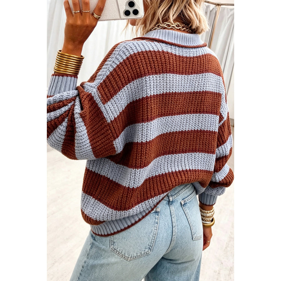 Red Dahlia Button Collar Dropped Shoulder Relaxed Pullover Sweater Sweaters & Cardigans/Sweaters