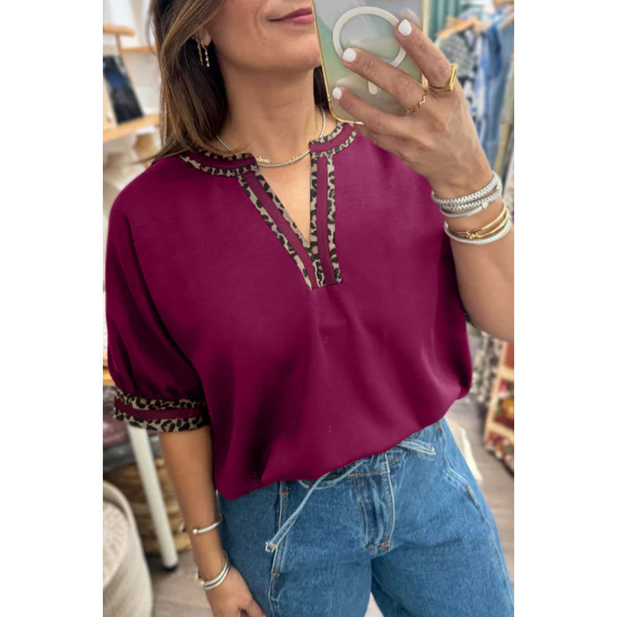 Red Dahlia Contrast Leopard Trim V Neck Short Sleeve Blouse Red Dahlia / S / 100% Polyester Tops/Blouses & Shirts