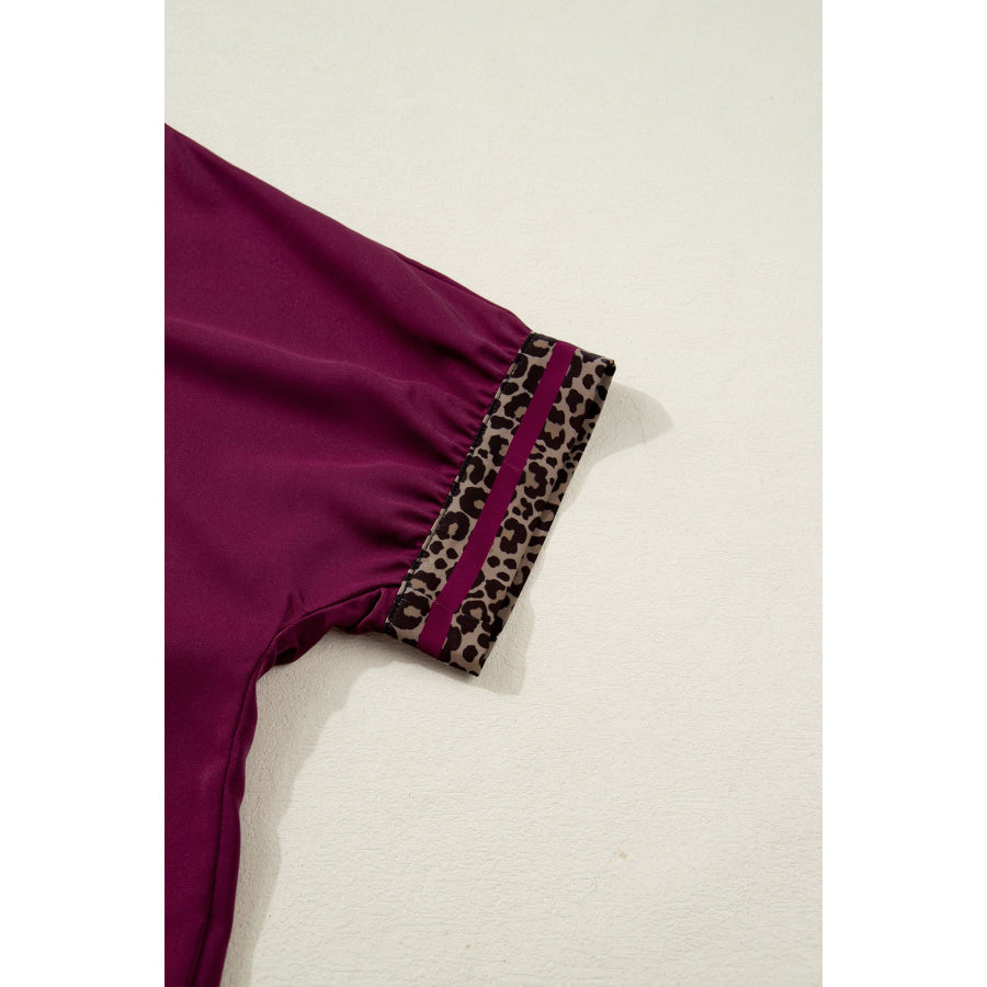 Red Dahlia Contrast Leopard Trim V Neck Short Sleeve Blouse Tops/Blouses & Shirts