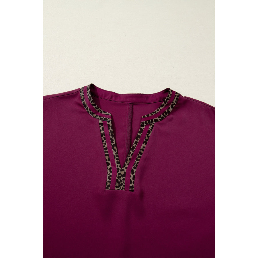 Red Dahlia Contrast Leopard Trim V Neck Short Sleeve Blouse Tops/Blouses & Shirts