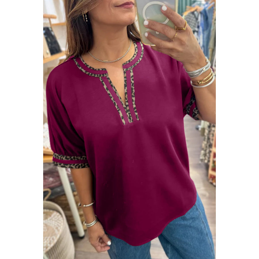 Red Dahlia Contrast Leopard Trim V Neck Short Sleeve Blouse Tops/Blouses & Shirts