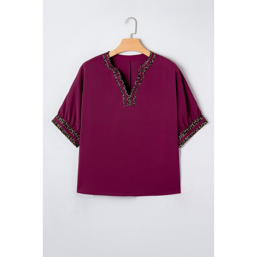Red Dahlia Contrast Leopard Trim V Neck Short Sleeve Blouse Tops/Blouses & Shirts