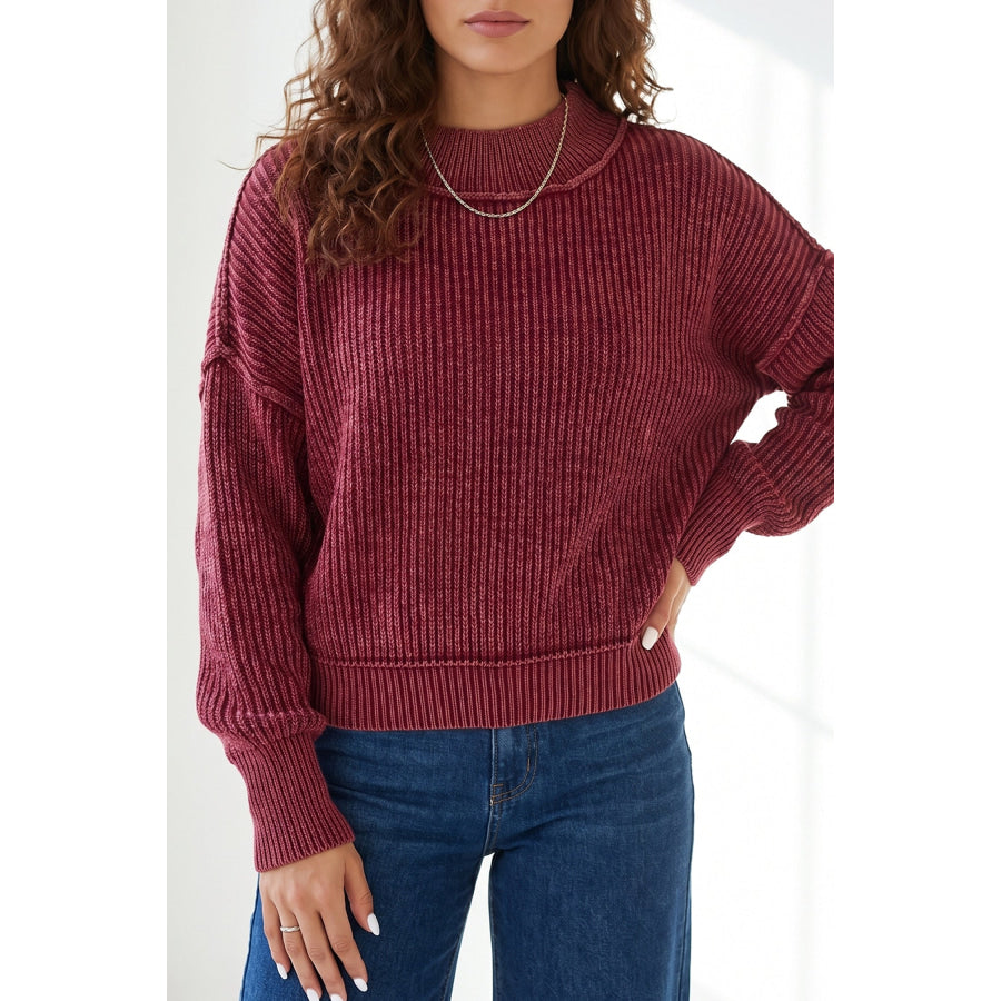 Red Dahlia Drop Shoulder High Neck Ribbed Sweater Red Dahlia / S / 100% Cotton Sweaters & Cardigans/Sweaters