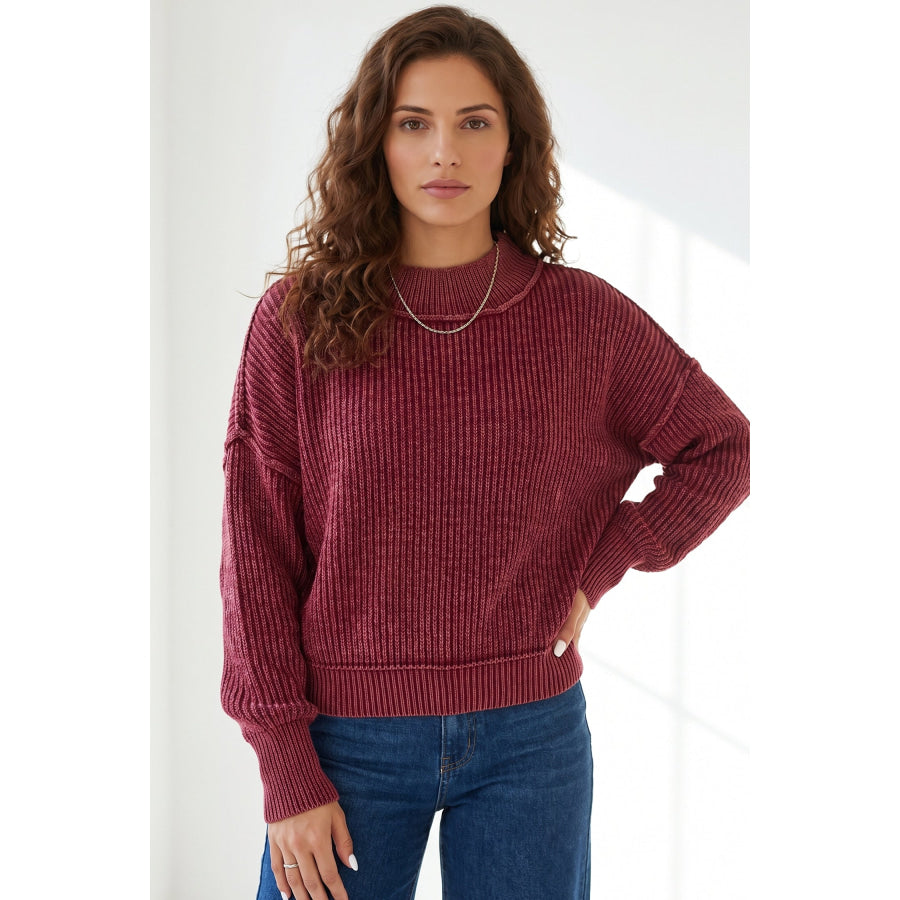 Red Dahlia Drop Shoulder High Neck Ribbed Sweater Sweaters & Cardigans/Sweaters