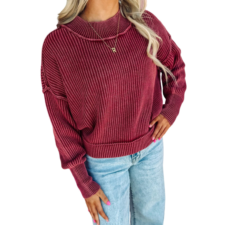 Red Dahlia Drop Shoulder High Neck Ribbed Sweater Sweaters & Cardigans/Sweaters