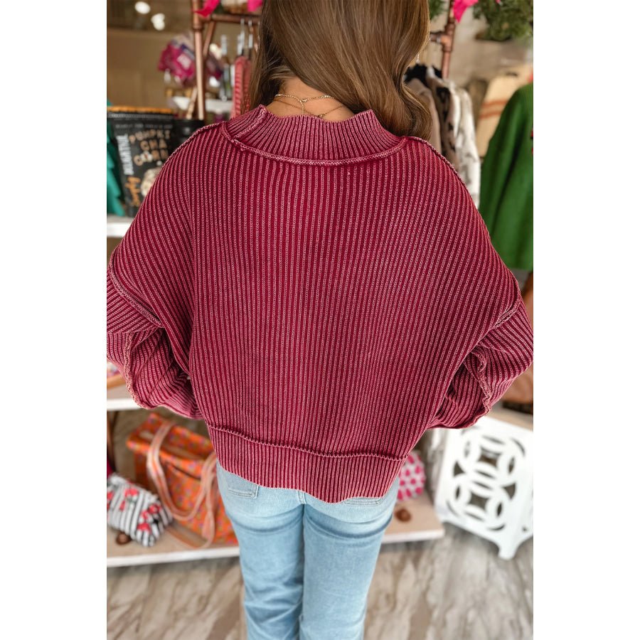 Red Dahlia Drop Shoulder High Neck Ribbed Sweater Sweaters & Cardigans/Sweaters
