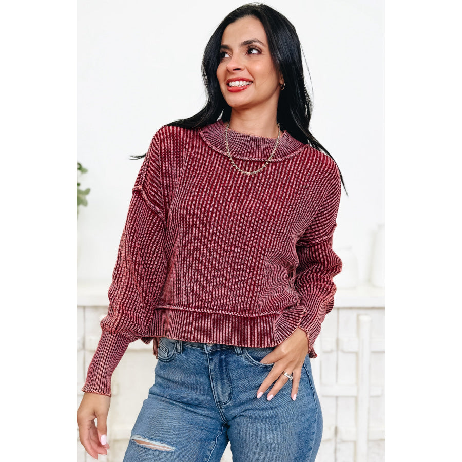 Red Dahlia Drop Shoulder High Neck Ribbed Sweater Sweaters & Cardigans/Sweaters