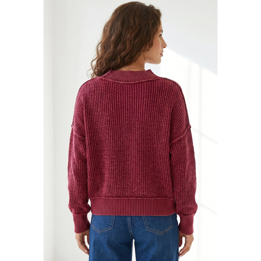 Red Dahlia Drop Shoulder High Neck Ribbed Sweater Sweaters & Cardigans/Sweaters