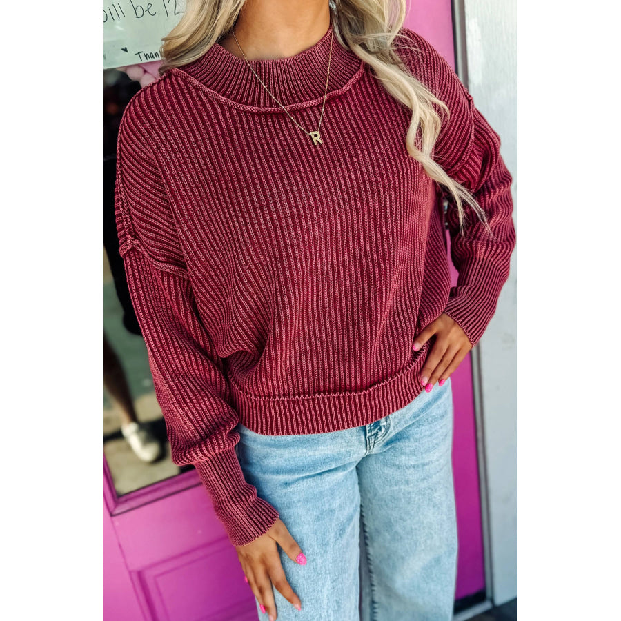 Red Dahlia Drop Shoulder High Neck Ribbed Sweater Sweaters & Cardigans/Sweaters