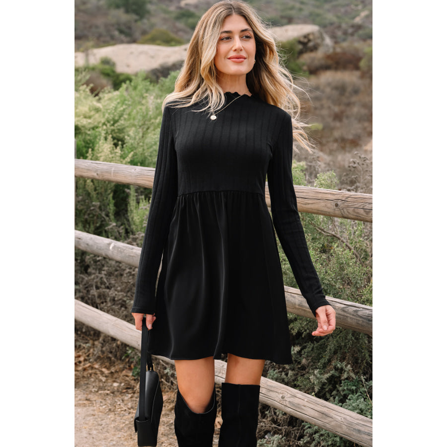 Red Dahlia Frilled Neck Ribbed Knit Patchwork Long Sleeve Mini Dress Black / S / 97% Polyester + 3% Elastane Dresses/Mini Dresses