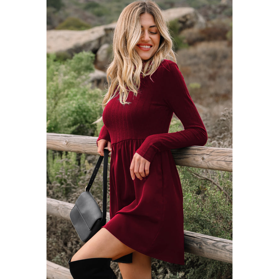 Red Dahlia Frilled Neck Ribbed Knit Patchwork Long Sleeve Mini Dress Dresses/Mini Dresses