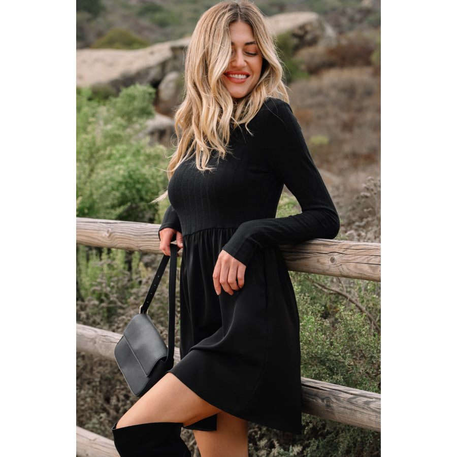 Red Dahlia Frilled Neck Ribbed Knit Patchwork Long Sleeve Mini Dress Dresses/Mini Dresses