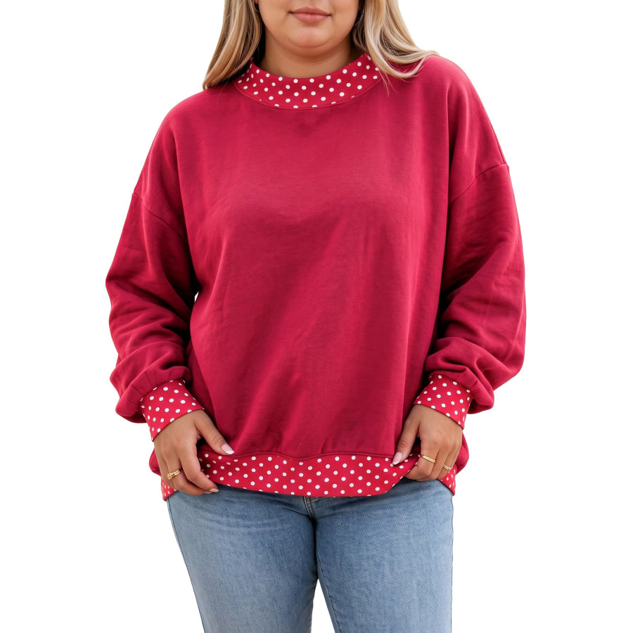 Red Dahlia Polka Dot Patchwork Round Neck Plus Size Sweatshirt Size/Plus Sweatshirts & Hoodies