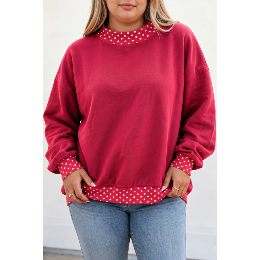Red Dahlia Polka Dot Patchwork Round Neck Plus Size Sweatshirt Size/Plus Sweatshirts & Hoodies