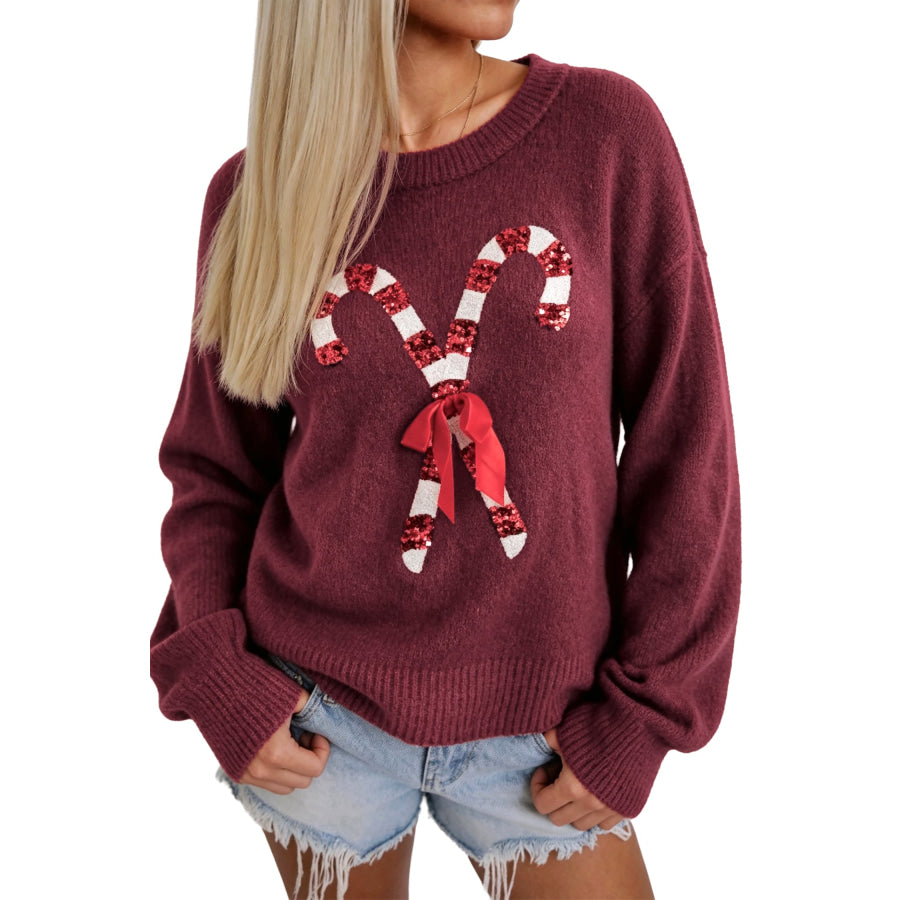 Red Dahlia Sequined Candy Cane Festive Casual Christmas Sweater Sweaters & Cardigans/Sweaters