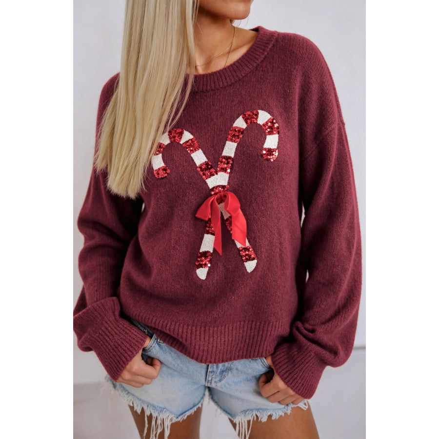 Red Dahlia Sequined Candy Cane Festive Casual Christmas Sweater Sweaters & Cardigans/Sweaters